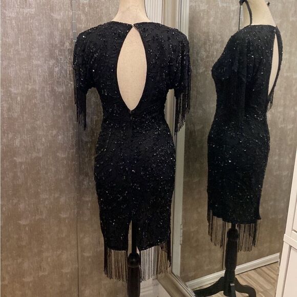 Elegant Black Beaded Fringe Dress, US2 - Picture 9 of 14